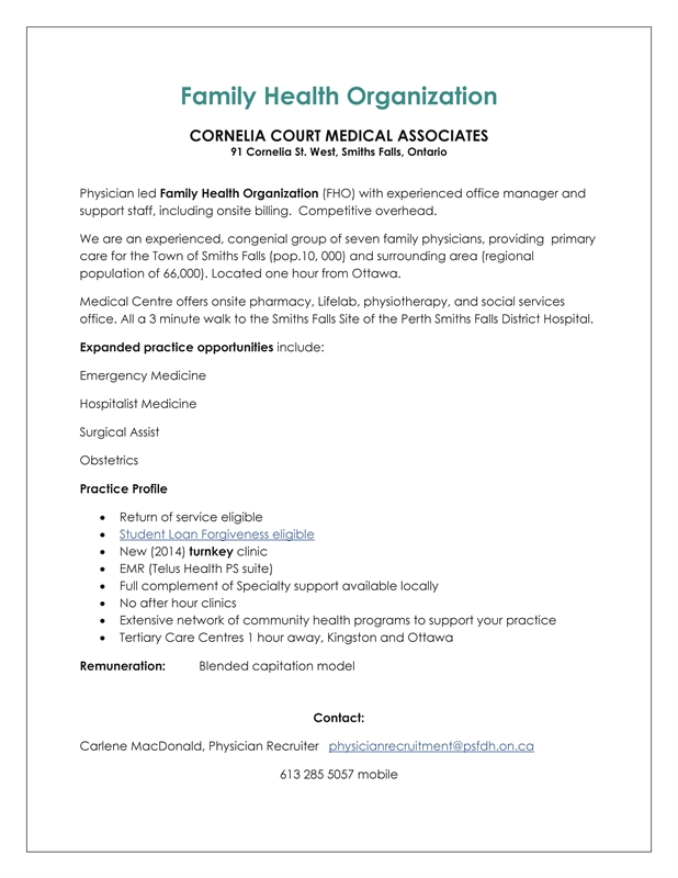 CORNELIA COURT MEDICAL ASSOCIATES - Physician led Family Health Organization (FHO) 